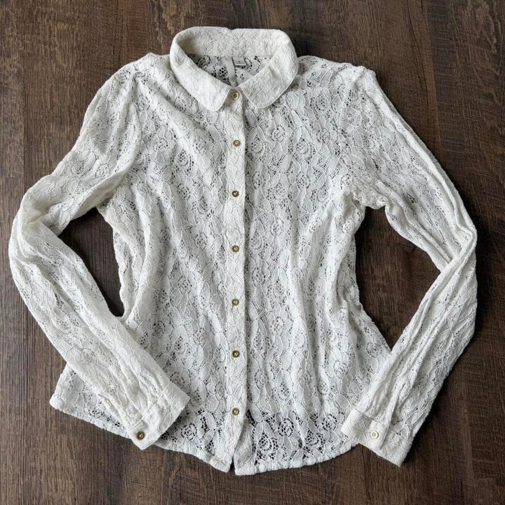 Cream Lace Button Up Blouse Romantic Coquette Top Size Medium